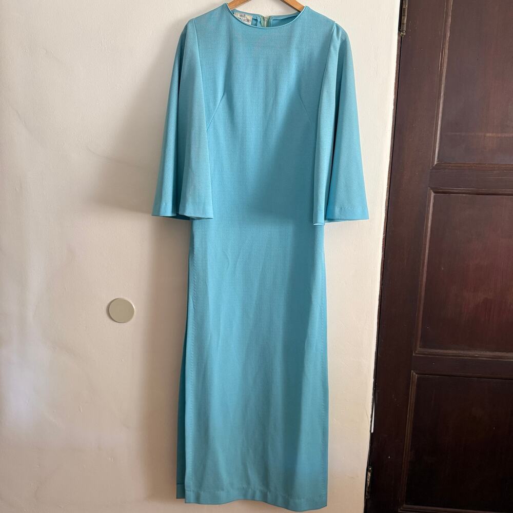 1960s Vogue Paris Original Sky Blue Bell Sleeve High Slit Maxi Tunic Dress Small
